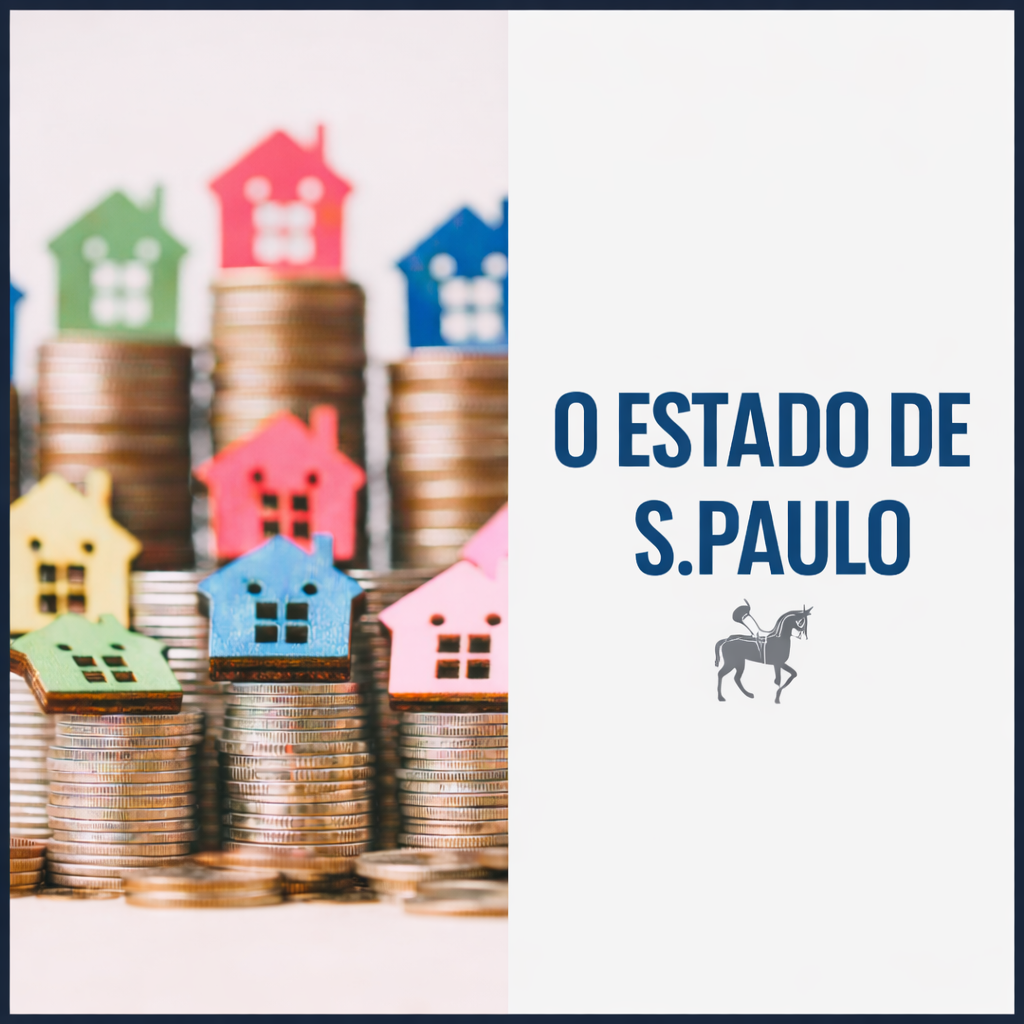 Investimentos imobiliários representados por casas sobre pilhas de moedas, com destaque para o jornal O Estado de S. Paulo