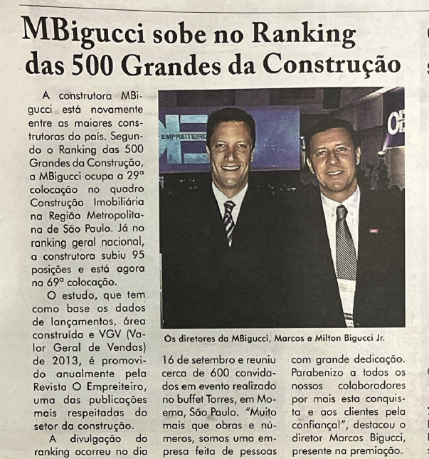 MBigucci sobe no Ranking das 500 Grandes da Construção